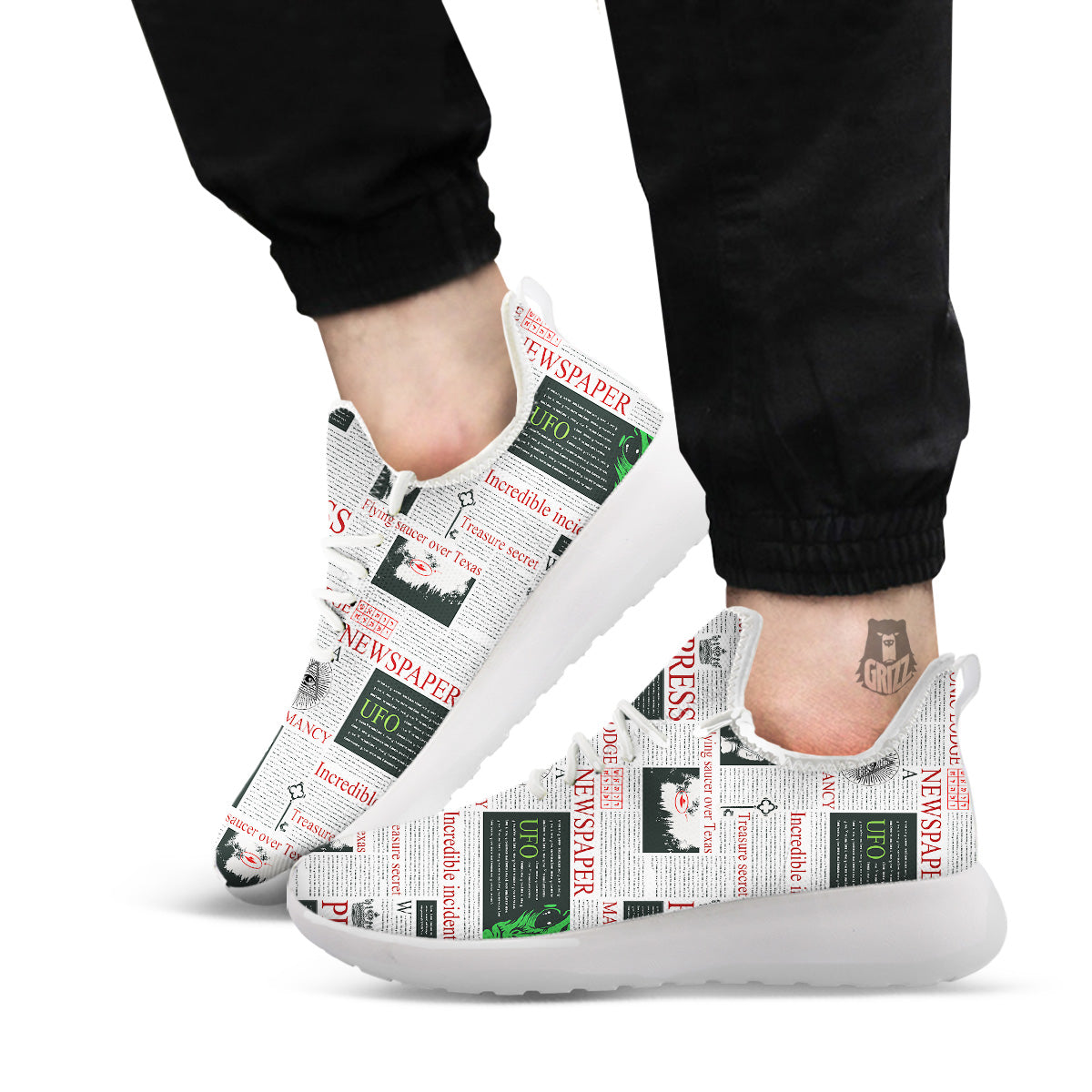 Newspaper Aliens Topic Print Pattern White Athletic Shoes-grizzshop