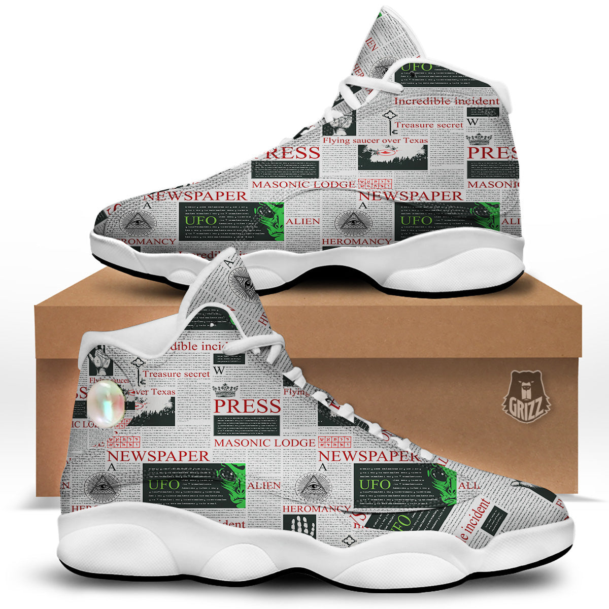 Newspaper Aliens Topic Print Pattern White Basketball Shoes-grizzshop