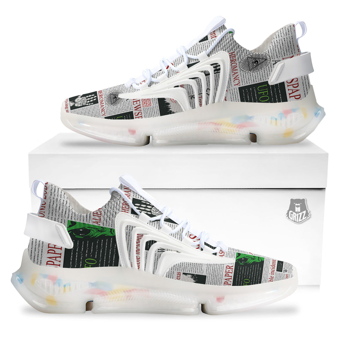 Newspaper Aliens Topic Print Pattern White Gym Shoes-grizzshop
