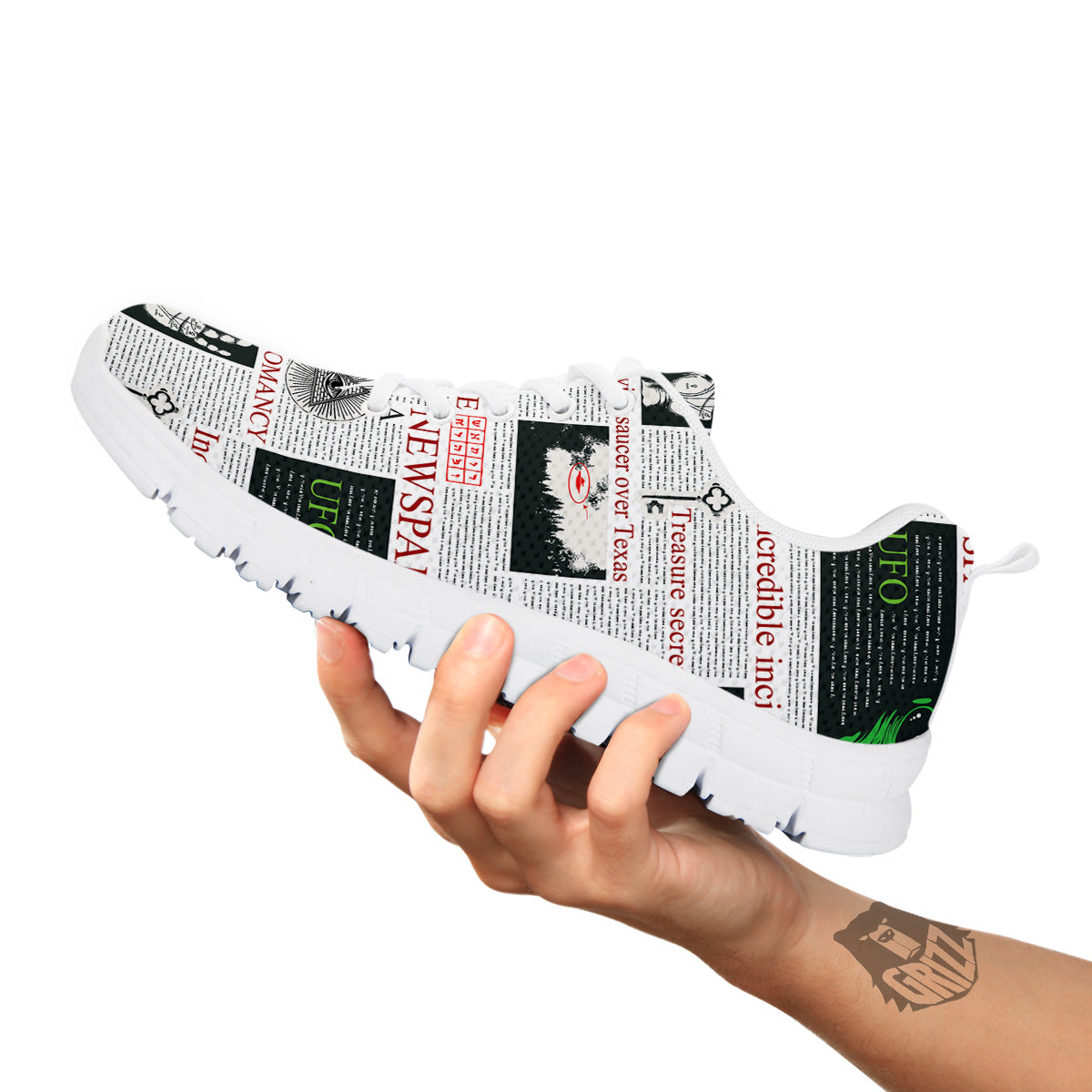 Newspaper Aliens Topic Print Pattern White Sneaker-grizzshop