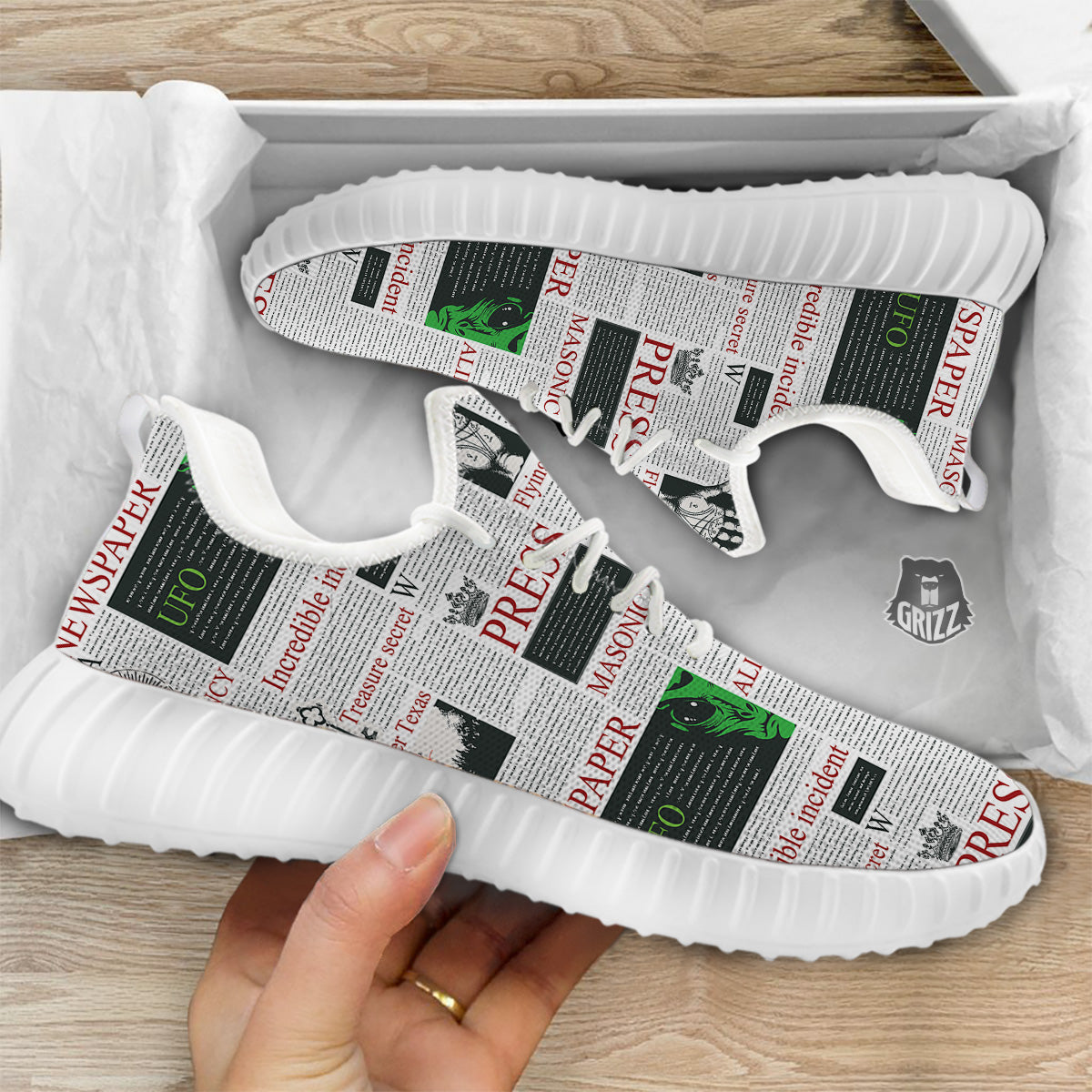 Newspaper Aliens Topic Print Pattern White Walking Shoes-grizzshop