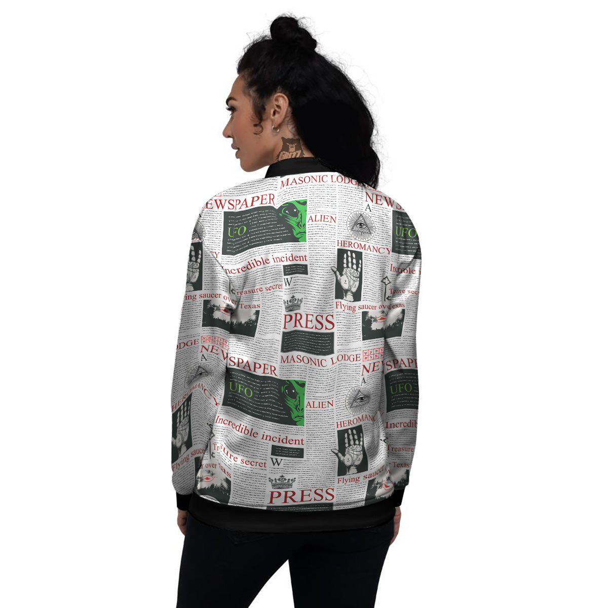 Newspaper Aliens Topic Print Pattern Women's Bomber Jacket-grizzshop