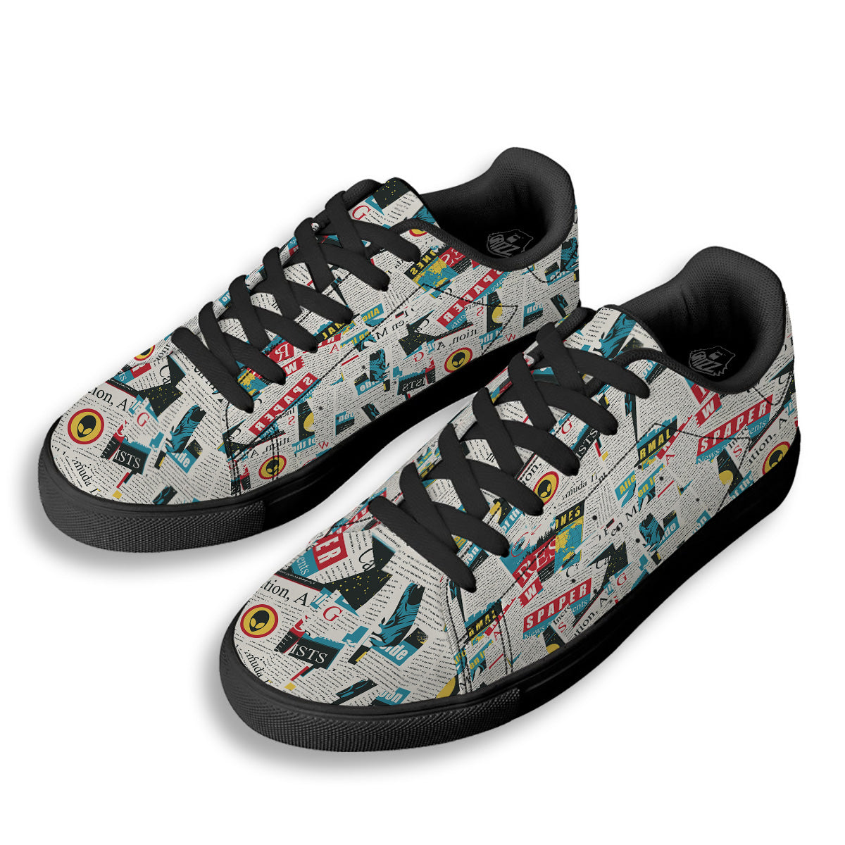 Newspaper Clippings On Aliens Topic Colorful Print Pattern Black Low Top Sneakers-grizzshop