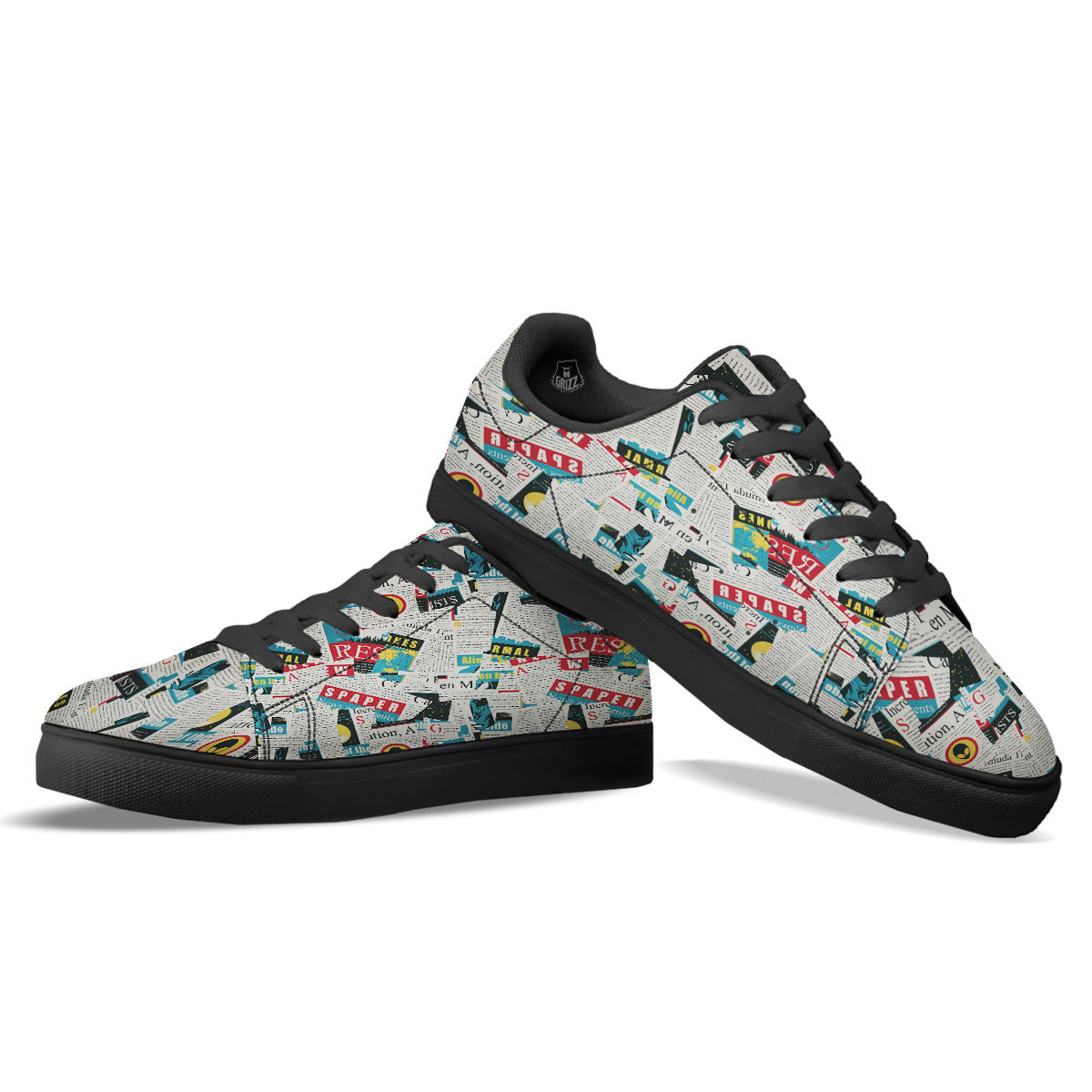 Newspaper Clippings On Aliens Topic Colorful Print Pattern Black Low Top Sneakers-grizzshop