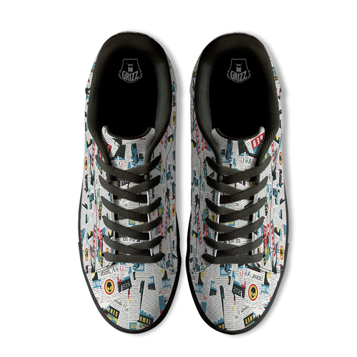 Newspaper Clippings On Aliens Topic Colorful Print Pattern Black Low Top Sneakers-grizzshop