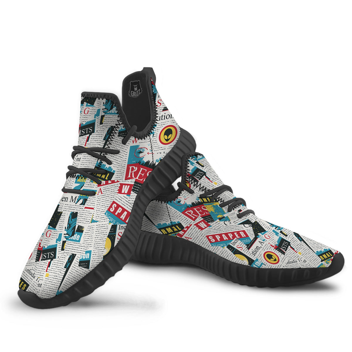 Newspaper Clippings On Aliens Topic Colorful Print Pattern Black Walking Shoes-grizzshop
