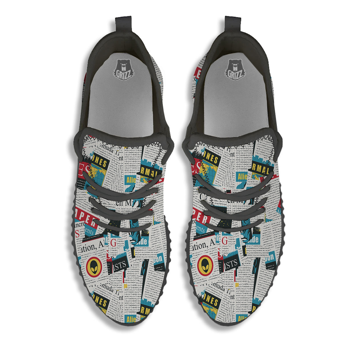 Newspaper Clippings On Aliens Topic Colorful Print Pattern Black Walking Shoes-grizzshop