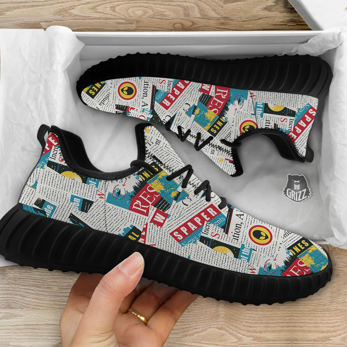 Newspaper Clippings On Aliens Topic Colorful Print Pattern Black Walking Shoes-grizzshop