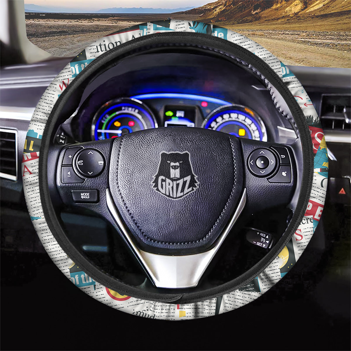 Newspaper Clippings On Aliens Topic Colorful Print Pattern Car Steering Wheel Cover-grizzshop