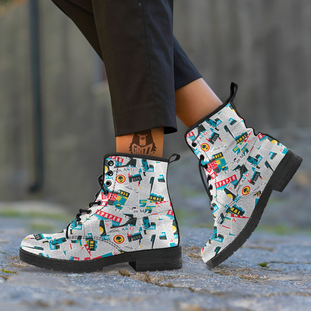 Newspaper Clippings On Aliens Topic Colorful Print Pattern Leather Boots-grizzshop