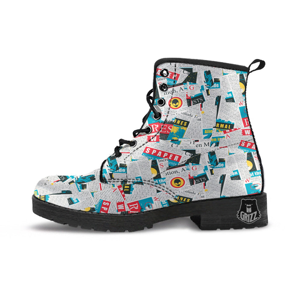 Newspaper Clippings On Aliens Topic Colorful Print Pattern Leather Boots-grizzshop