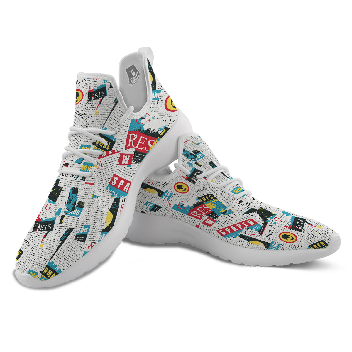 Newspaper Clippings On Aliens Topic Colorful Print Pattern White Athletic Shoes-grizzshop