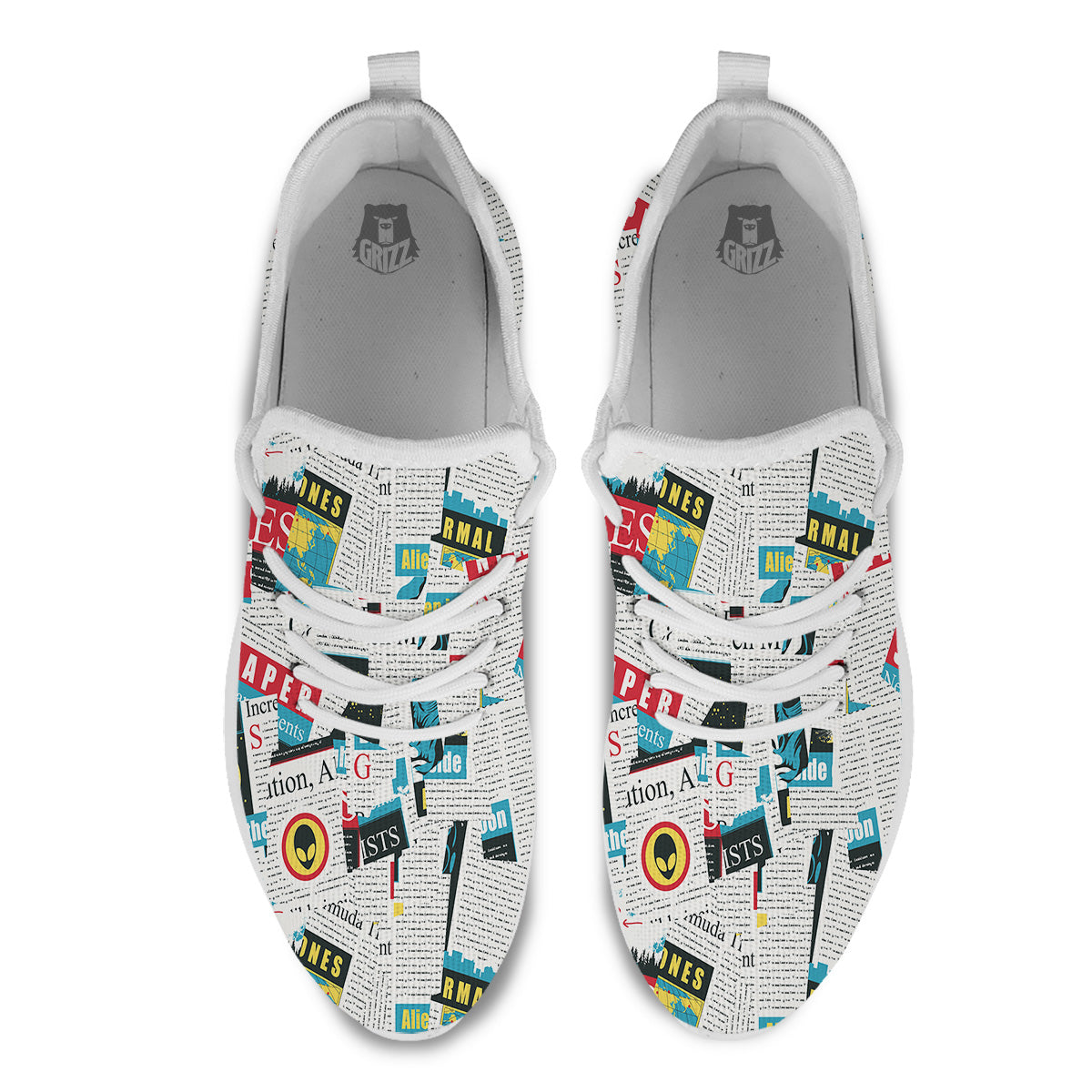 Newspaper Clippings On Aliens Topic Colorful Print Pattern White Athletic Shoes-grizzshop