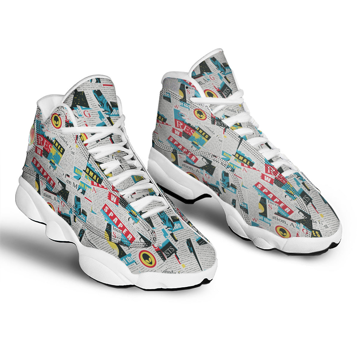 Newspaper Clippings On Aliens Topic Colorful Print Pattern White Basketball Shoes-grizzshop