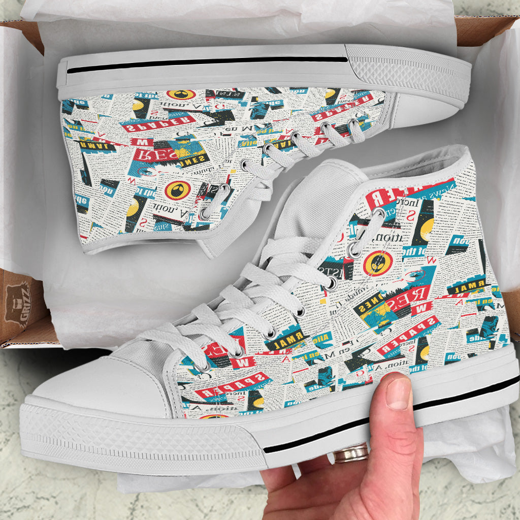 Newspaper Clippings On Aliens Topic Colorful Print Pattern White High Top Shoes-grizzshop