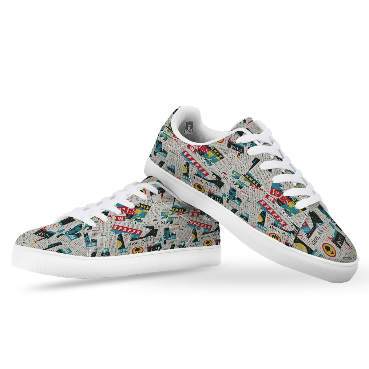 Newspaper Clippings On Aliens Topic Colorful Print Pattern White Low Top Sneakers-grizzshop