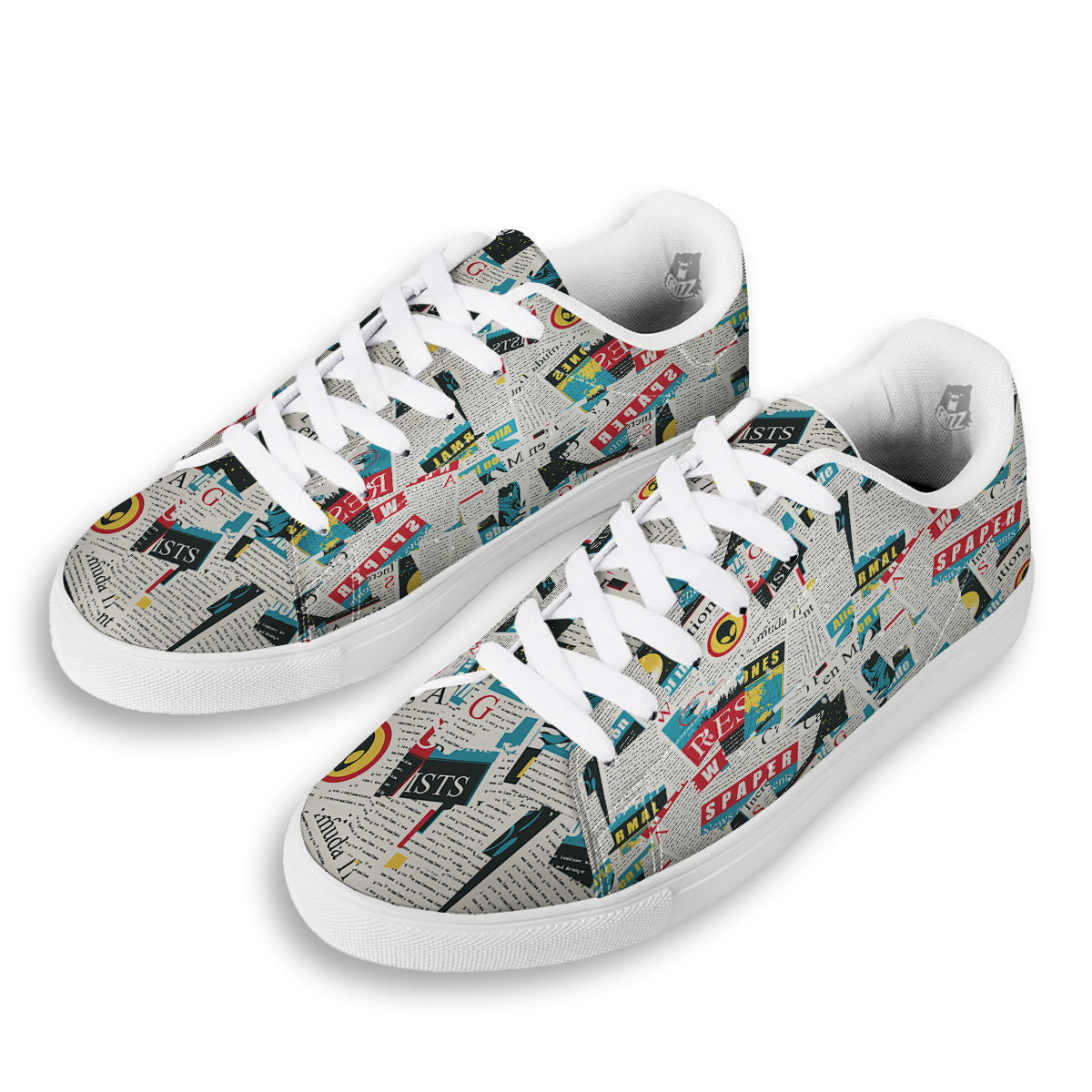 Newspaper Clippings On Aliens Topic Colorful Print Pattern White Low Top Sneakers-grizzshop