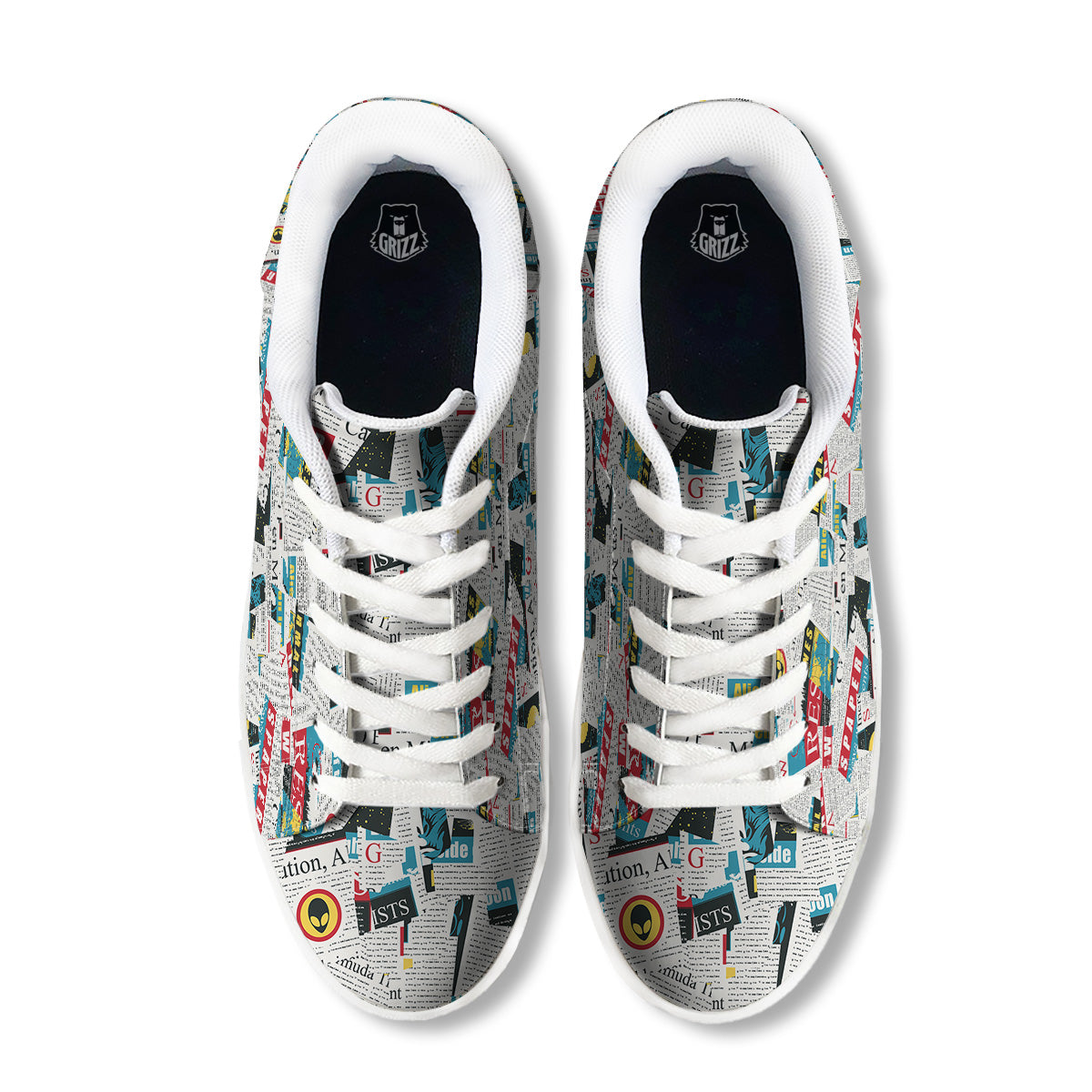 Newspaper Clippings On Aliens Topic Colorful Print Pattern White Low Top Sneakers-grizzshop