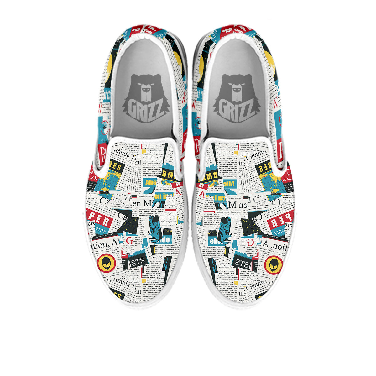 Newspaper Clippings On Aliens Topic Colorful Print Pattern White Slip On Shoes-grizzshop