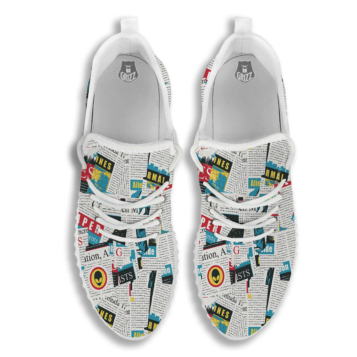 Newspaper Clippings On Aliens Topic Colorful Print Pattern White Walking Shoes-grizzshop
