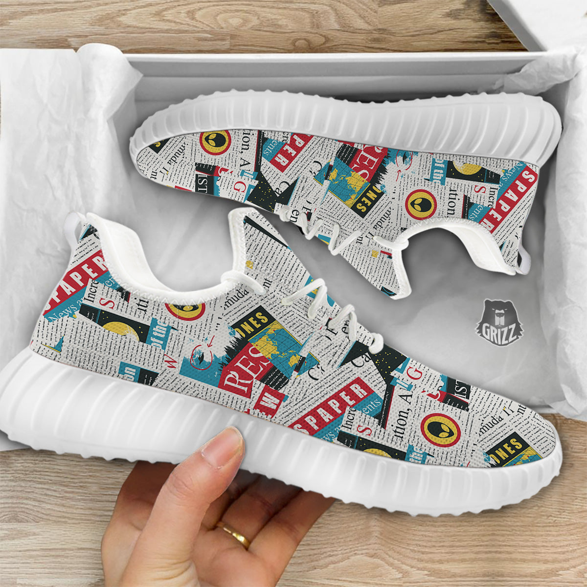 Newspaper Clippings On Aliens Topic Colorful Print Pattern White Walking Shoes-grizzshop