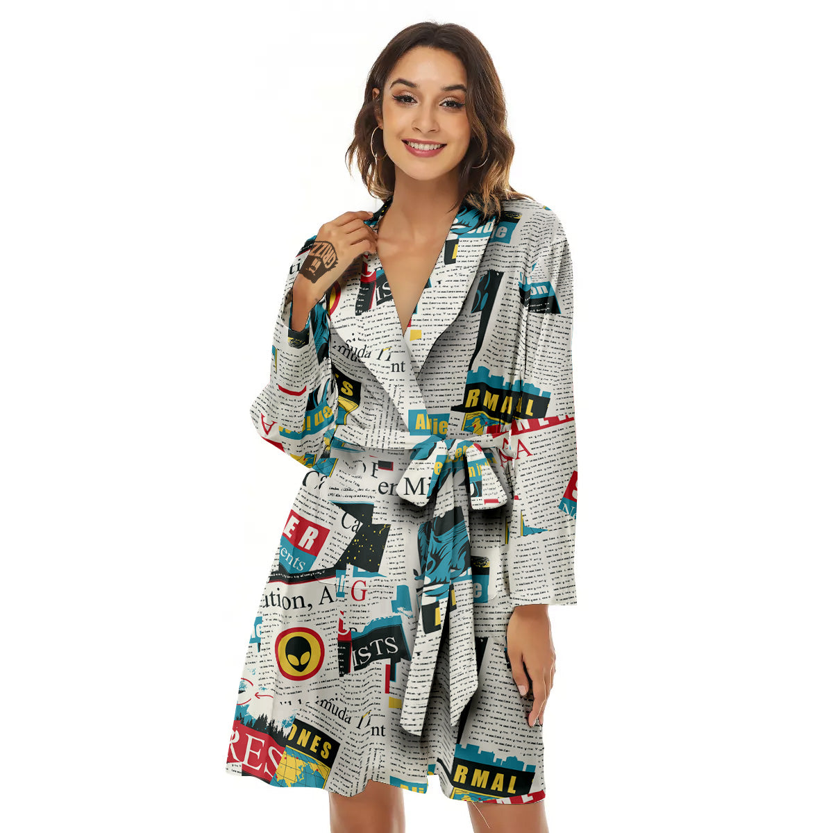 Newspaper Clippings On Aliens Topic Colorful Print Pattern Women's Robe-grizzshop