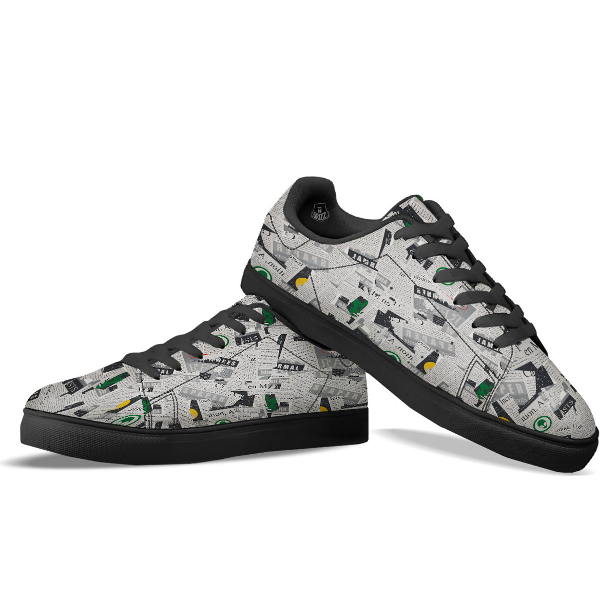 Newspaper Clippings On Aliens Topic Print Pattern Black Low Top Sneakers-grizzshop
