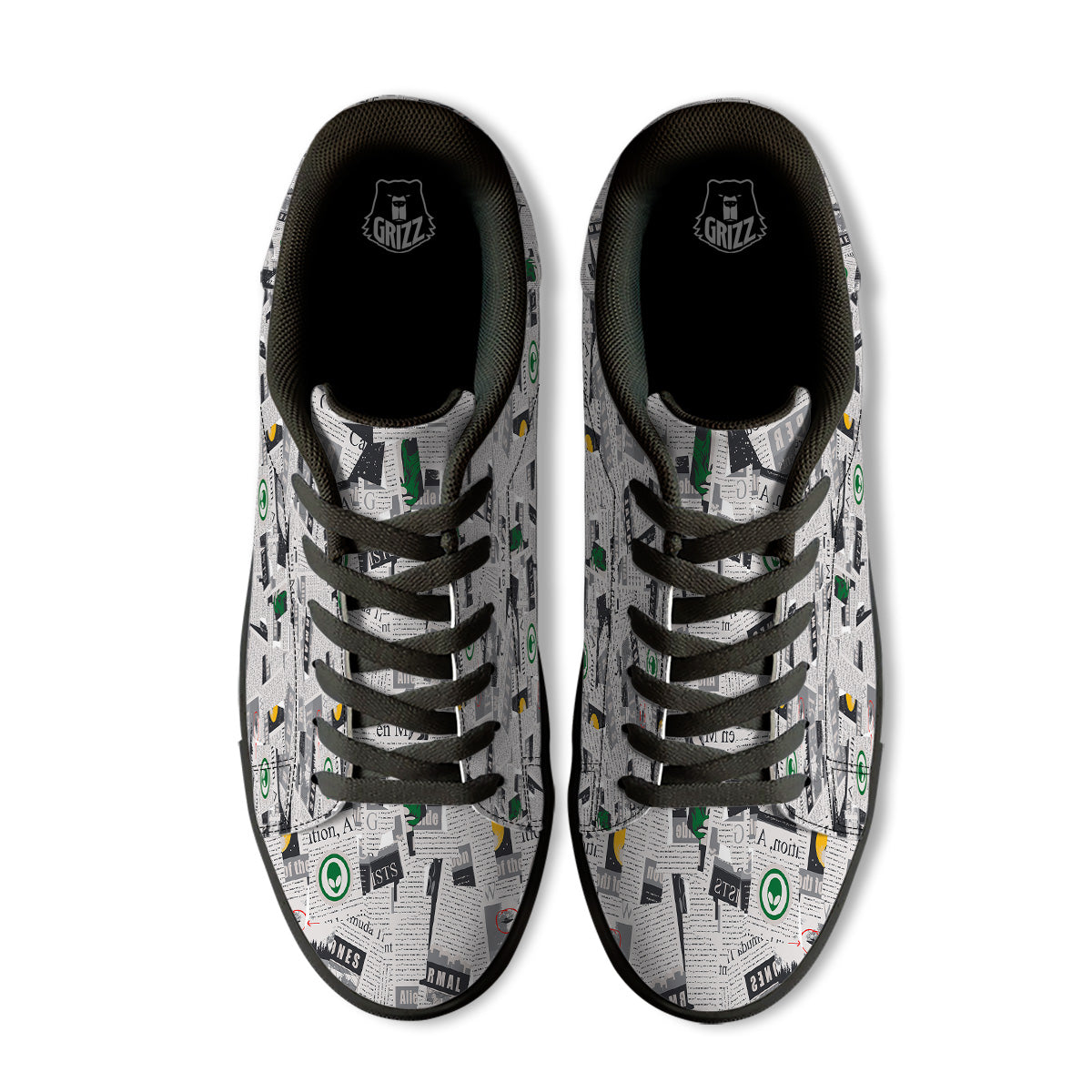 Newspaper Clippings On Aliens Topic Print Pattern Black Low Top Sneakers-grizzshop
