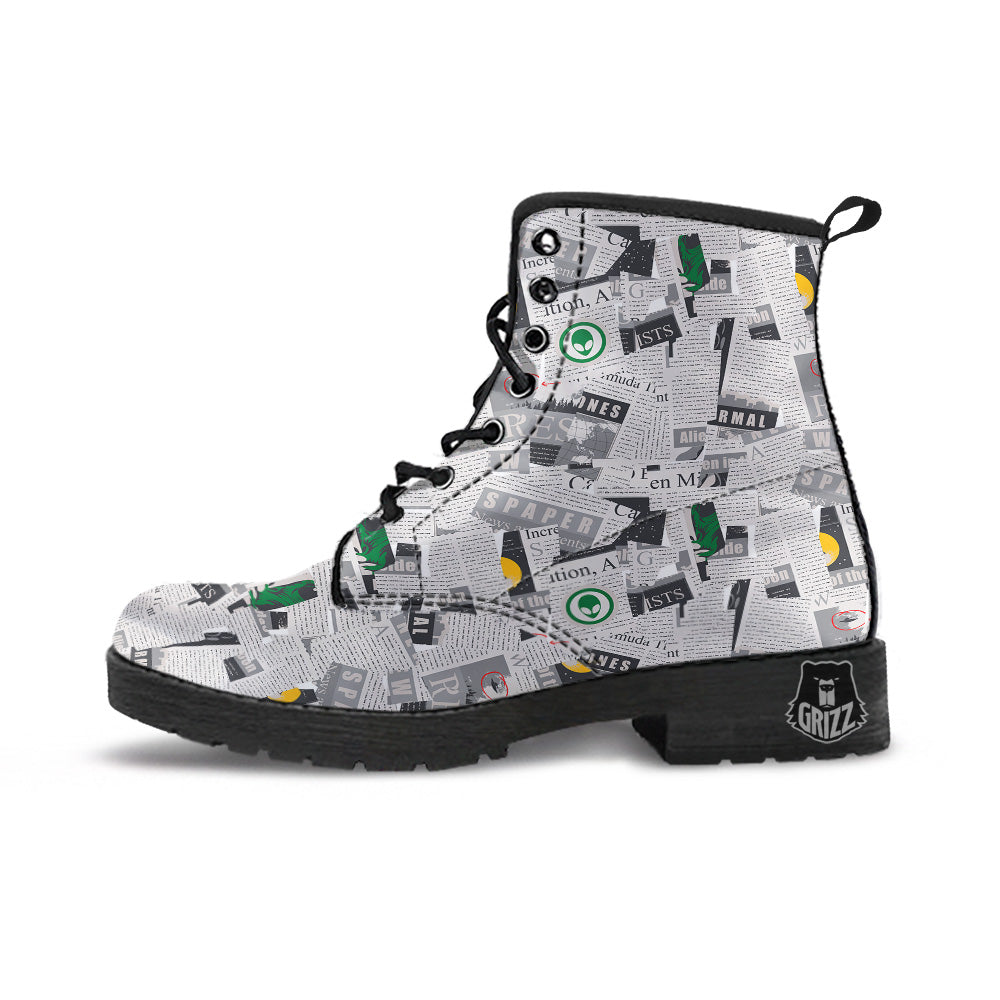 Newspaper Clippings On Aliens Topic Print Pattern Leather Boots-grizzshop