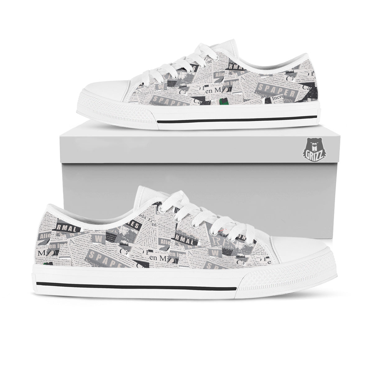 Newspaper Clippings On Aliens Topic Print Pattern White Low Top Shoes-grizzshop