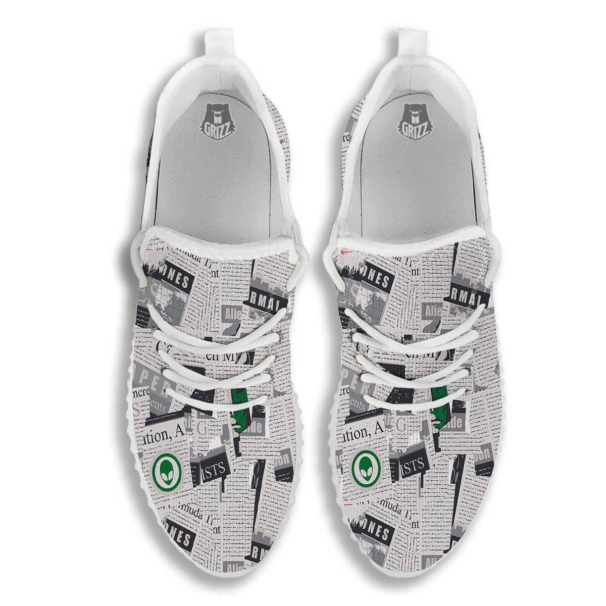 Newspaper Clippings On Aliens Topic Print Pattern White Walking Shoes-grizzshop