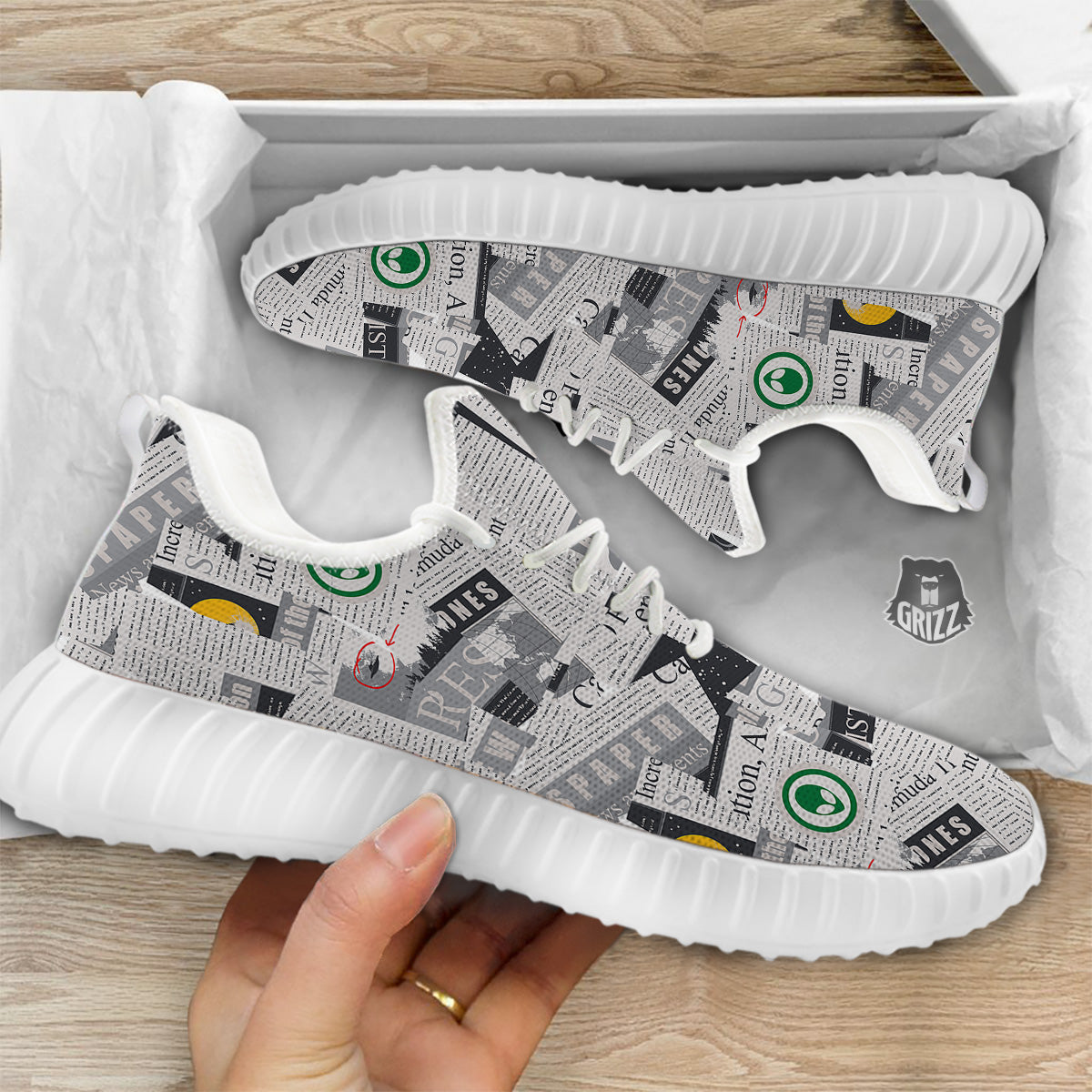 Newspaper Clippings On Aliens Topic Print Pattern White Walking Shoes-grizzshop