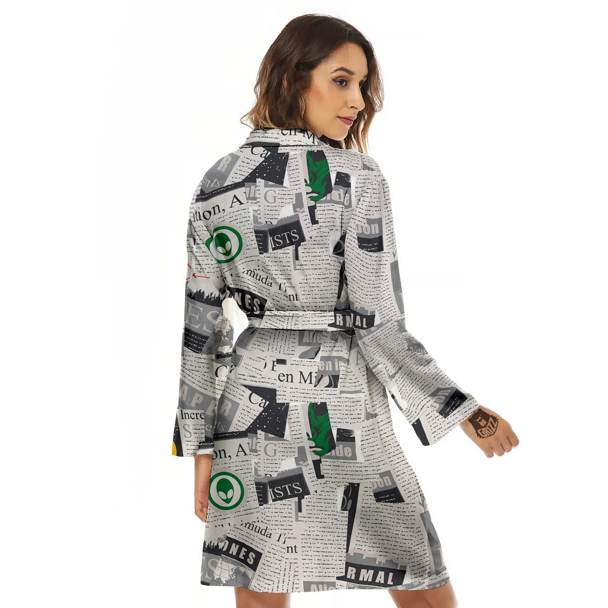 Newspaper Clippings On Aliens Topic Print Pattern Women's Robe-grizzshop