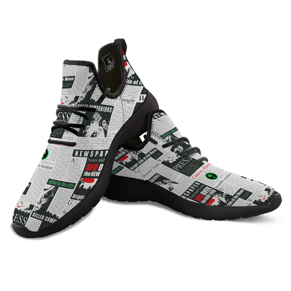 Newspaper Headlines Alien Print Pattern Black Athletic Shoes-grizzshop