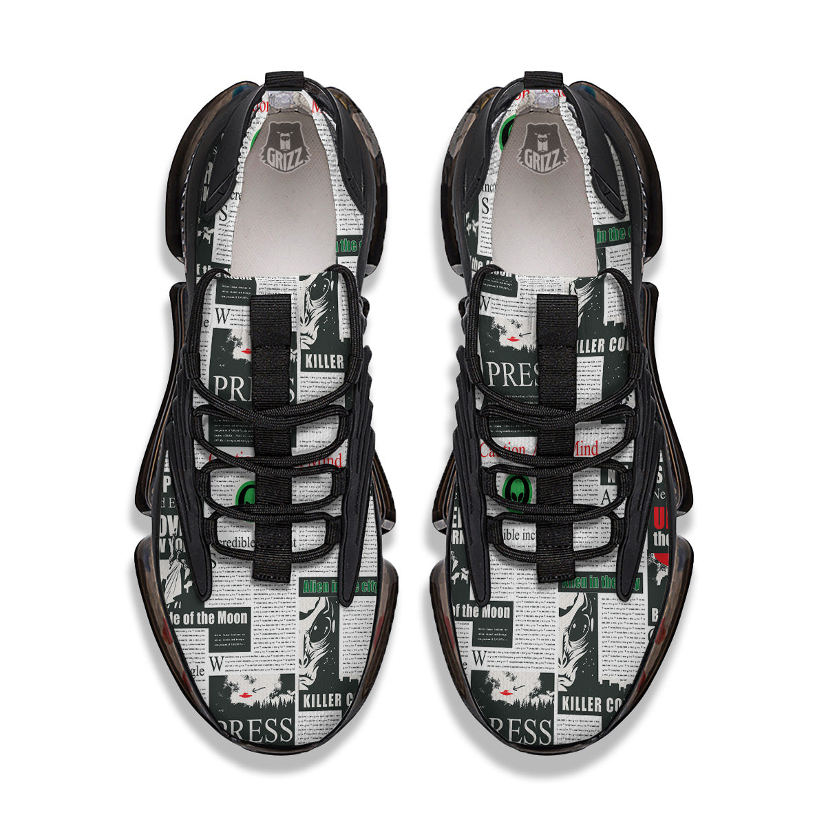 Newspaper Headlines Alien Print Pattern Black Gym Shoes-grizzshop
