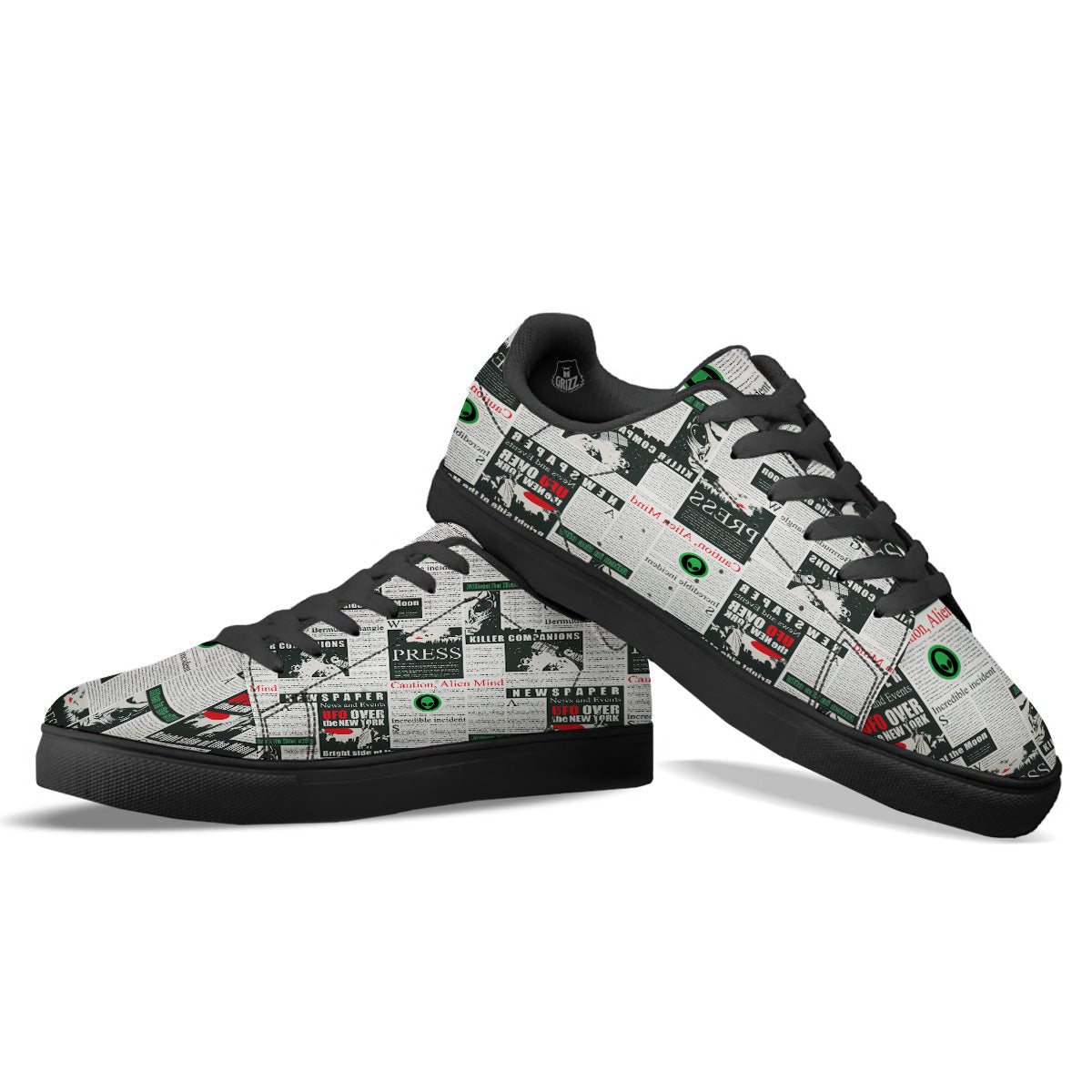 Newspaper Headlines Alien Print Pattern Black Low Top Sneakers-grizzshop