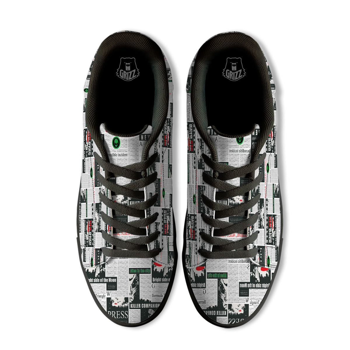 Newspaper Headlines Alien Print Pattern Black Low Top Sneakers-grizzshop