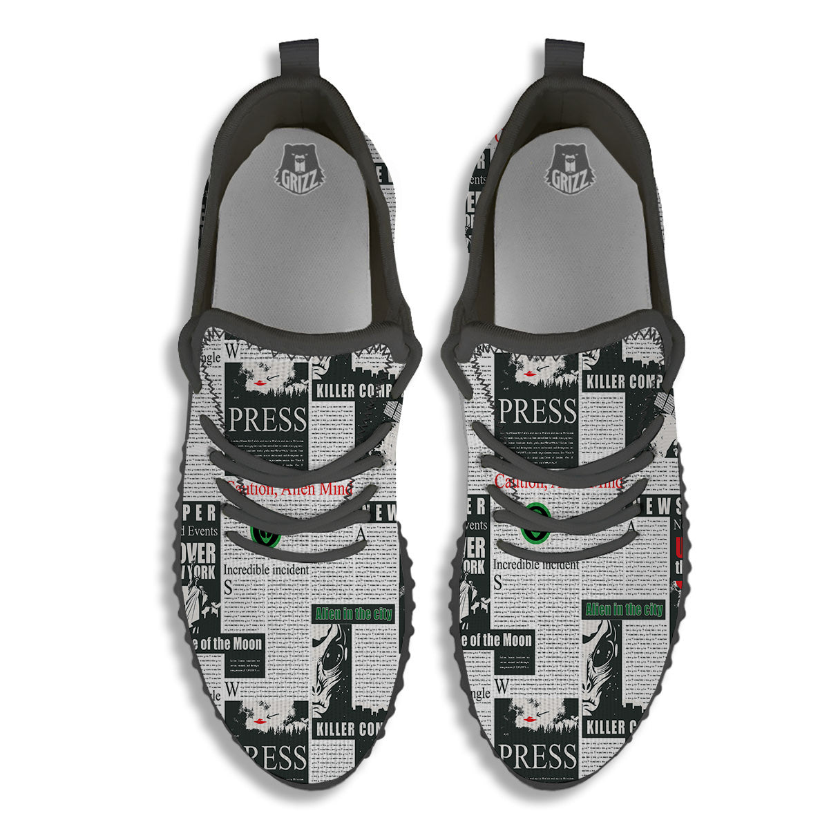 Newspaper Headlines Alien Print Pattern Black Walking Shoes-grizzshop