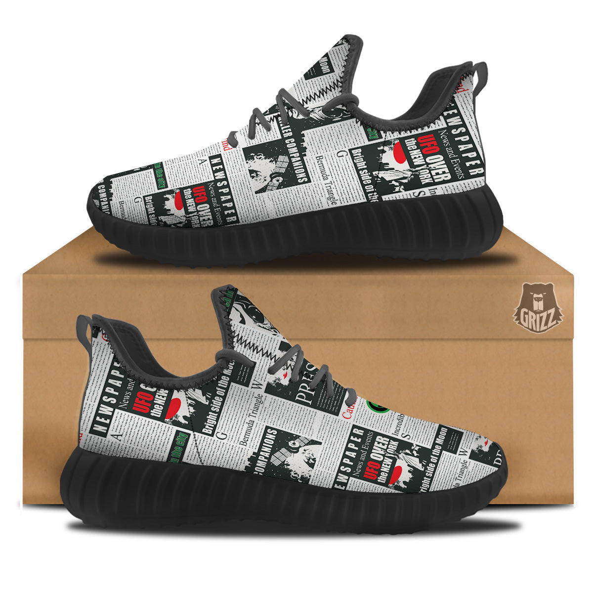 Newspaper Headlines Alien Print Pattern Black Walking Shoes-grizzshop