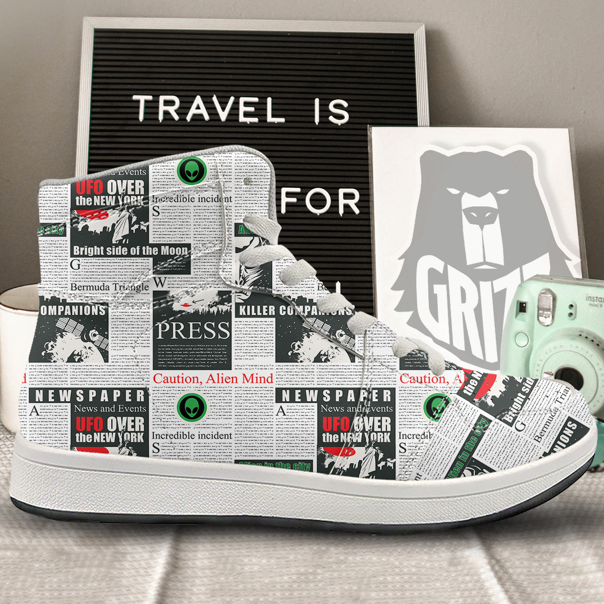 Newspaper Headlines Alien Print Pattern High Top Sneakers-grizzshop