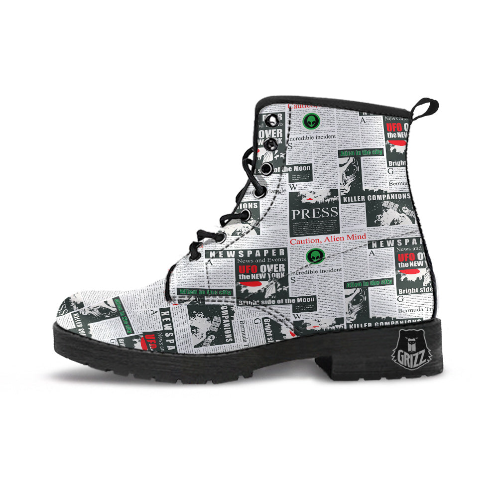 Newspaper Headlines Alien Print Pattern Leather Boots-grizzshop