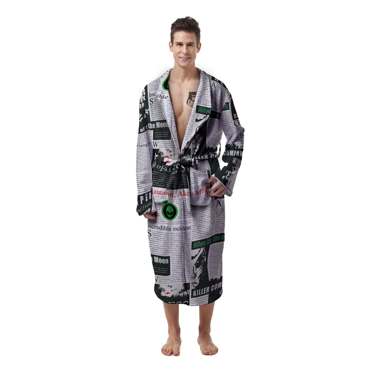Newspaper Headlines Alien Print Pattern Men's Robe-grizzshop