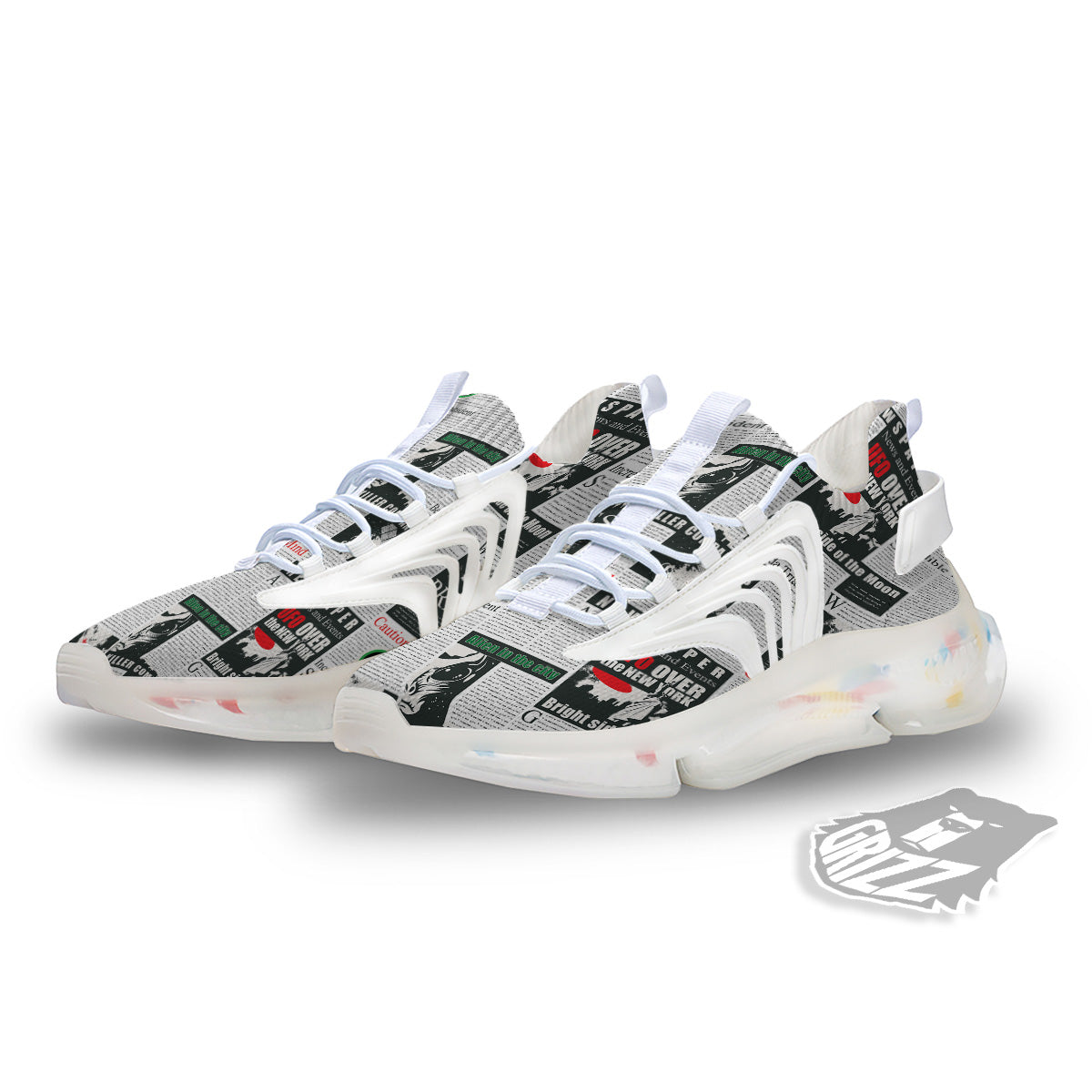Newspaper Headlines Alien Print Pattern White Gym Shoes-grizzshop