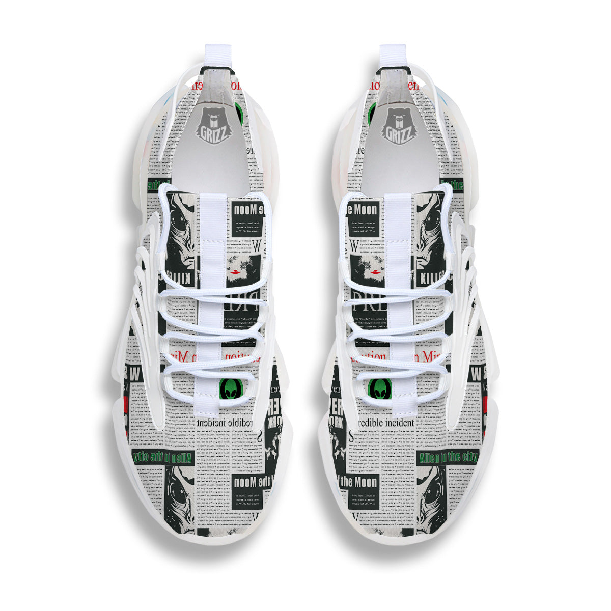 Newspaper Headlines Alien Print Pattern White Gym Shoes-grizzshop