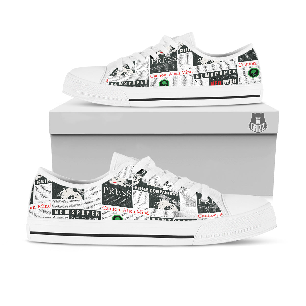 Newspaper Headlines Alien Print Pattern White Low Top Shoes-grizzshop