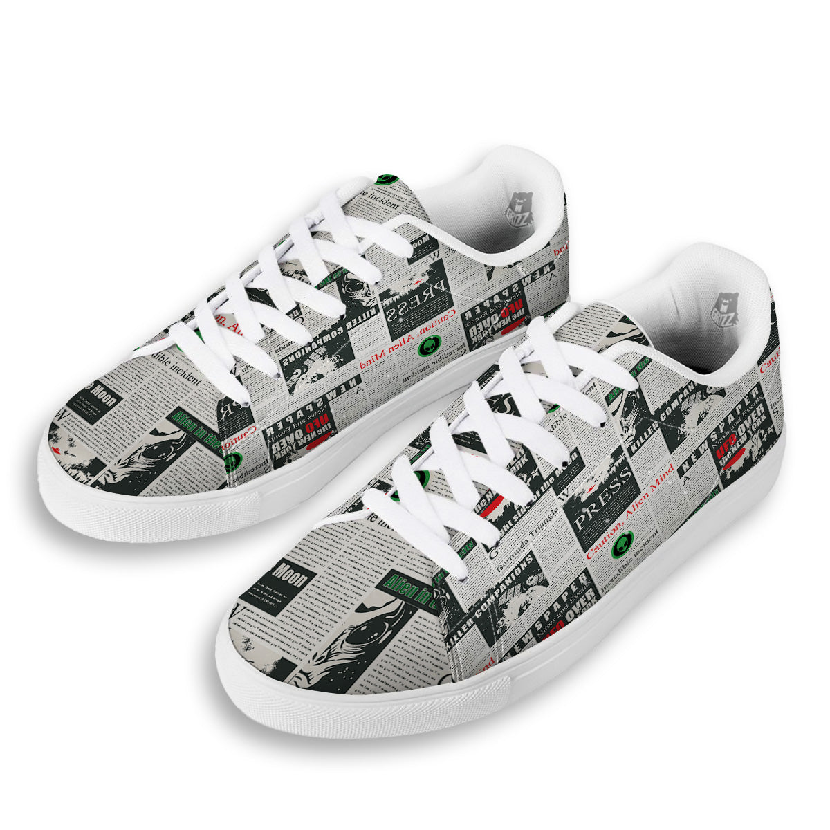 Newspaper Headlines Alien Print Pattern White Low Top Sneakers-grizzshop