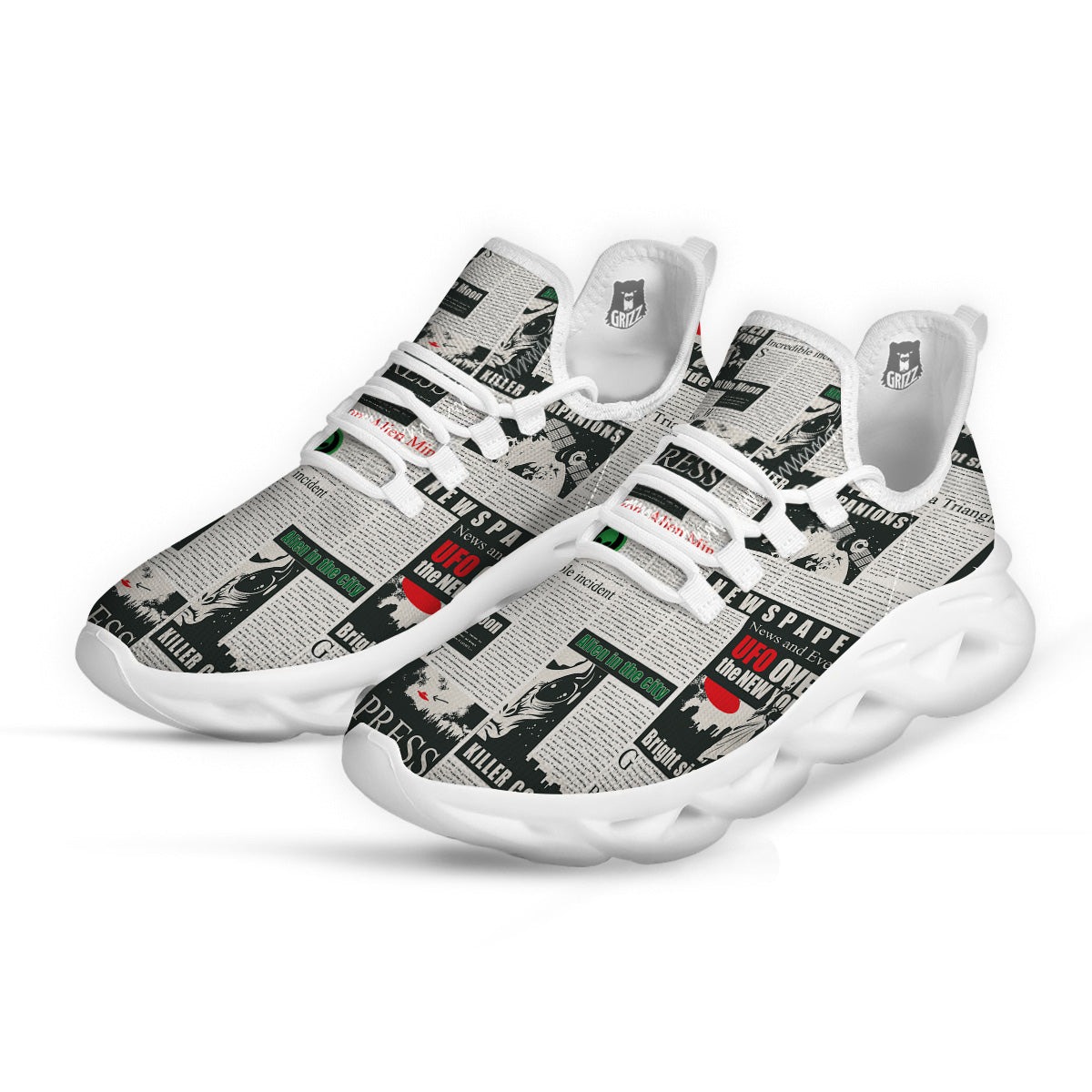 Newspaper Headlines Alien Print Pattern White Running Shoes-grizzshop