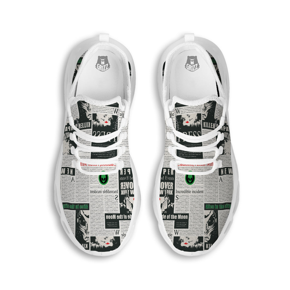 Newspaper Headlines Alien Print Pattern White Running Shoes-grizzshop