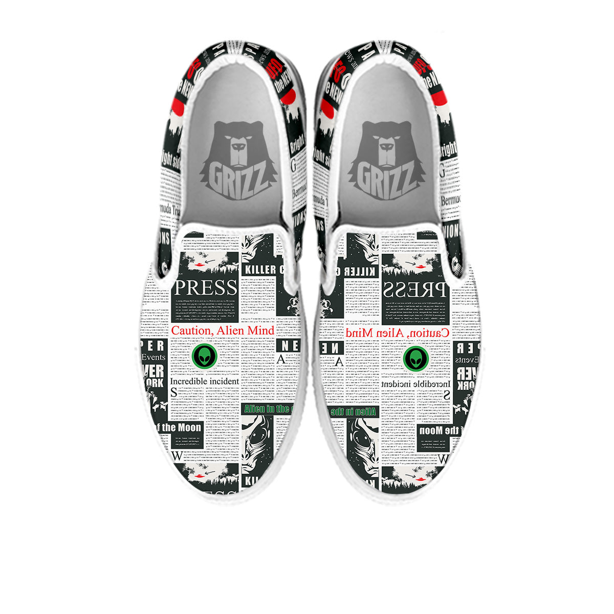 Newspaper Headlines Alien Print Pattern White Slip On Shoes-grizzshop