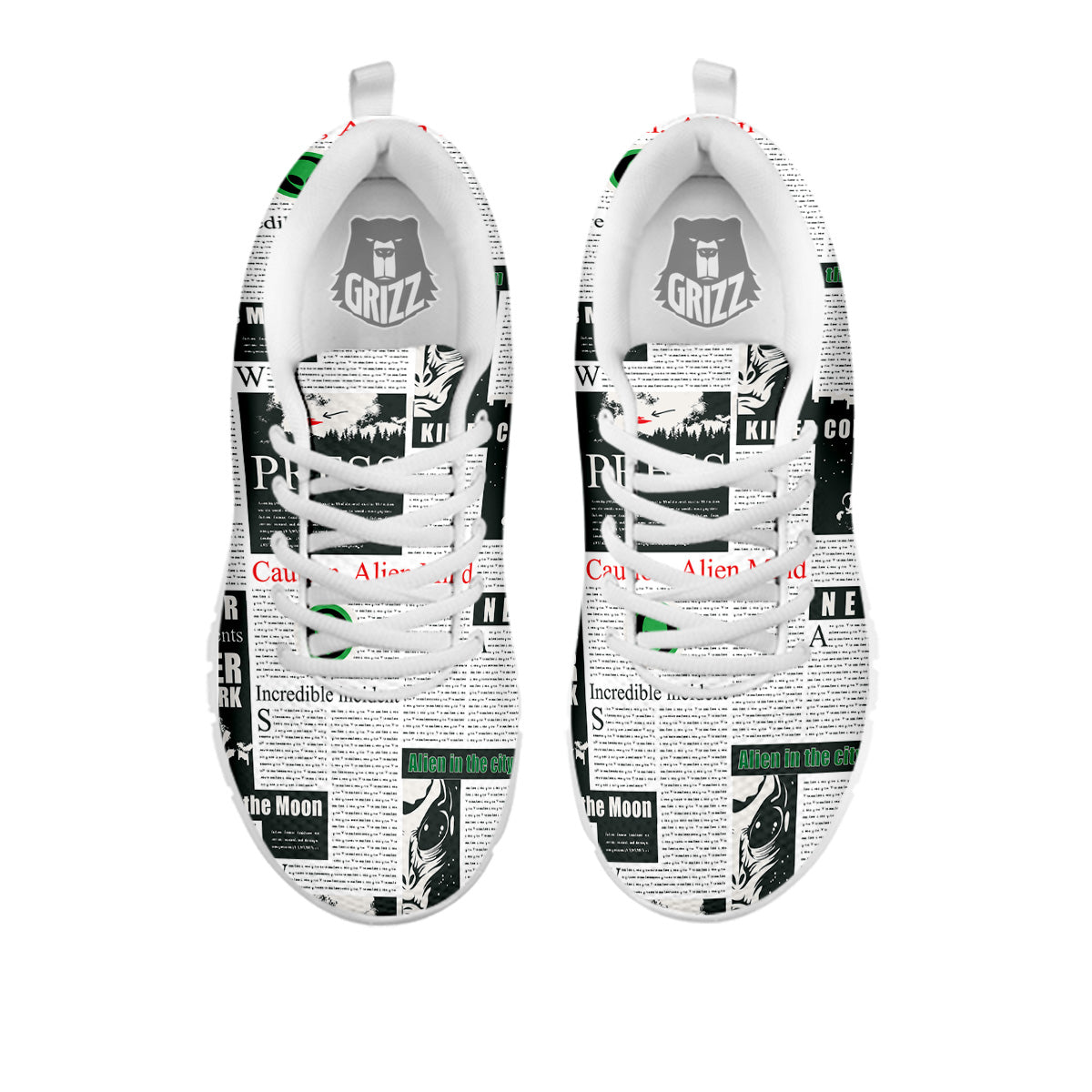 Newspaper Headlines Alien Print Pattern White Sneaker-grizzshop